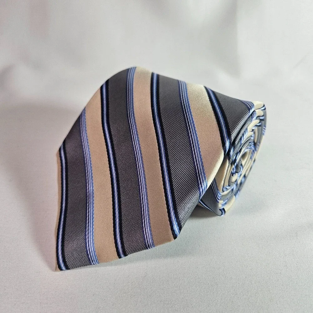 Perry Ellis Portfolio 100% Silk Hand Made Tie Gray Gold Stripes‎ 4